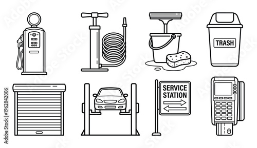 Gas station and auto service amenities icons collection set in hand drawn vintage line sketch style