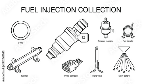 Fuel injection system components and hardware collection with labels isolated on transparent background
