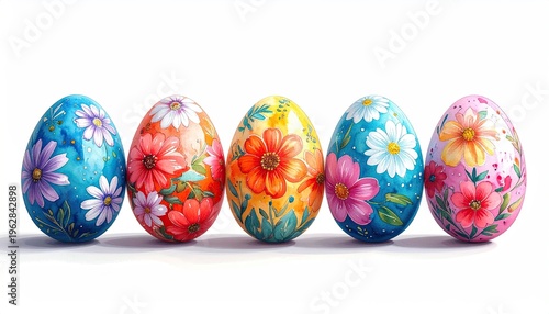 Colorful Easter eggs, each adorned with vibrant, floral painted designs