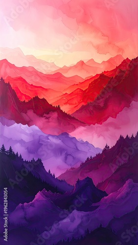 Abstract landscape painting of layered mountains in vibrant hues