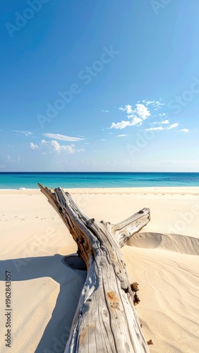 Driftwood on sandy beach with calm ocean under a bright blue sky