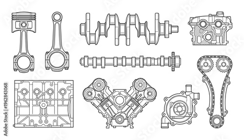 Internal combustion engine components on a transparent background vector art