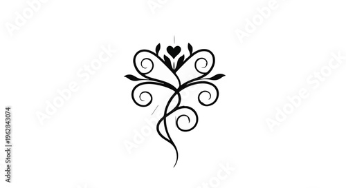 Elegant scrollwork design, featuring intricate symmetrical black flourishes and a subtle heart detail, serves as a sophisticated ornamental element perfect for invitations, borders, and decorative.