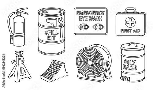 Industrial safety and repair tools set fire extinguisher eye wash first aid kit vector