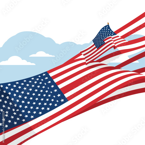 Illustration of waving flags, sky, and clouds in a patriotic composition