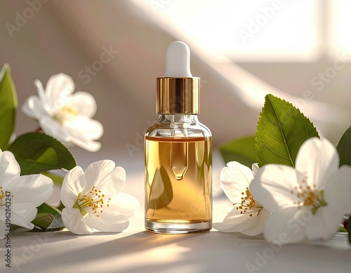 Amber serum bottle with dropper, flowers, and leaves in soft light