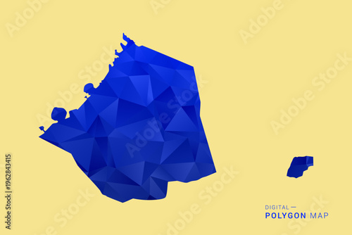 Dubai Map - Low poly polygon map in deep blue gradient on soft beige background, modern minimal geometric design, clean abstract vector illustration with faceted triangulated style.
