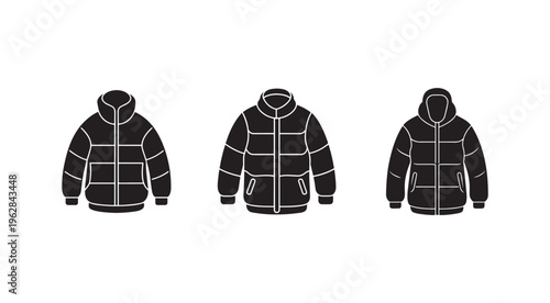 Three black hooded puffer jackets with white outlines on a white background  front views  isolated  fashion  clothing
