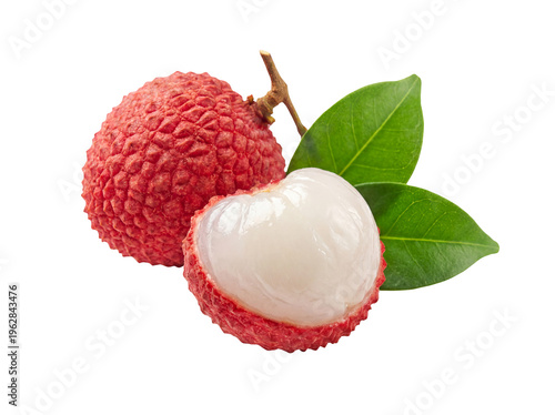 Ripe Lychee with Green Leaves and Open Fruit Isolated on Transparent Background