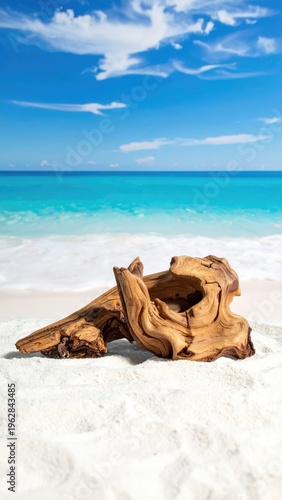 Beach scene with driftwood, white sand, turquoise water, and a blue sky