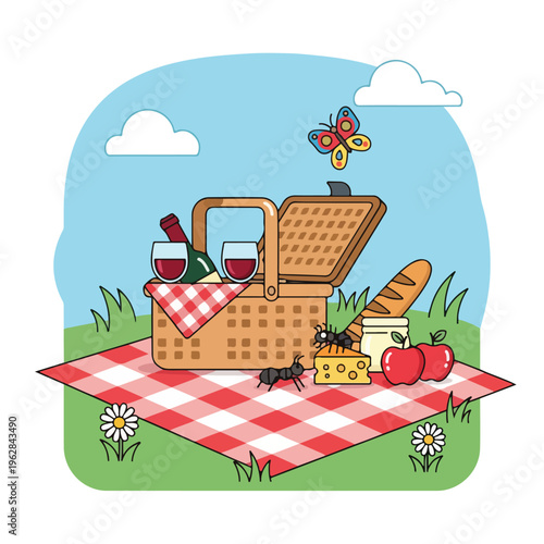 Picnic scene with basket, food, drinks, and insects on a checkered blanket