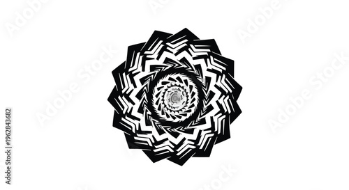 Abstract circular pattern in stark black and white creates an intriguing optical illusion, featuring intricate geometric shapes and concentric layers perfect for contemporary graphic design.