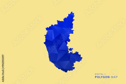 karnataka Map - Low poly polygon map in deep blue gradient on soft beige background, modern minimal geometric design, clean abstract vector illustration with faceted triangulated style.