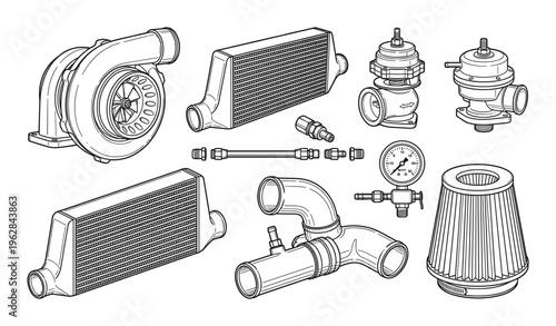 Performance car engine parts collection with turbocharger intercooler blow off valve and air filter