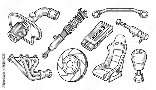 Performance car tuning parts collection with turbo intake coilover suspension brake disc and seat
