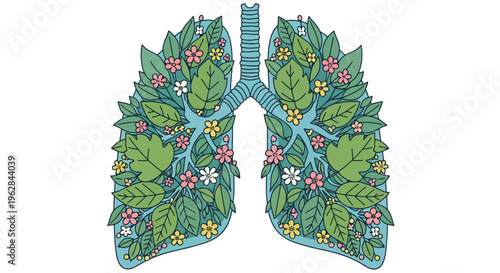 Illustration of human lungs with green leaves and colorful flowers, symbolizing healthy breathing and respiratory system, on a white background.