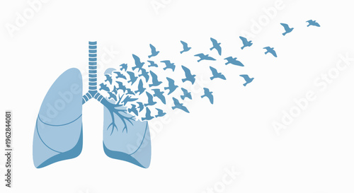 Illustration of lungs with birds flying out, symbolizing freedom and health, against a clean white background with blue tones.