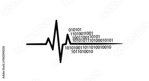 Digital heart monitor line seamlessly transitioning into a sequence of binary code on a clean white background.