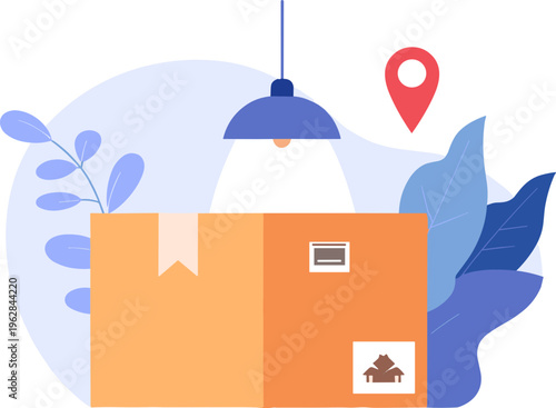 A delivery package is being sent with a location marker and lamp nearby indoors.