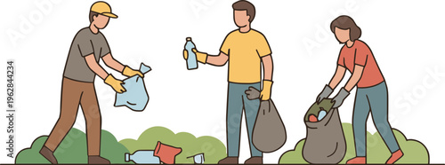 People collecting trash in a park on a sunny day outdoors together