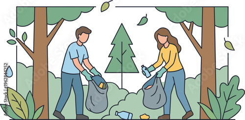 People collecting trash in forest with trees and bags