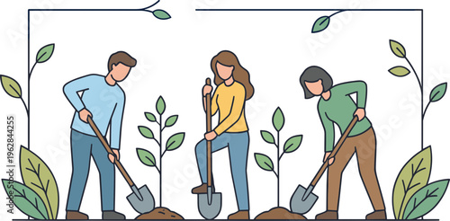 People planting trees together outdoors with shovels and saplings