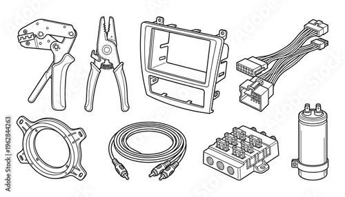Professional car audio installation tool set and electronic accessories linear vector illustration