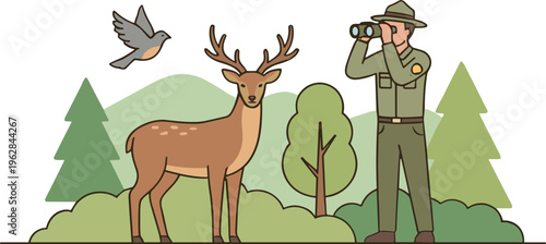 Man observes deer and bird in forest with binoculars closely