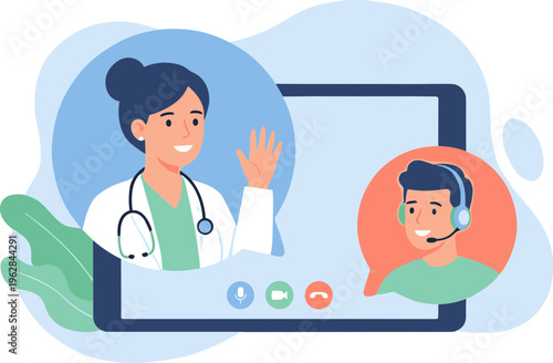 Doctor and patient interact via video call on a computer screen
