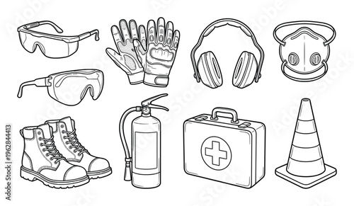 Safety equipment set outline vector illustration. glasses gloves headphones respirator boots extinguisher