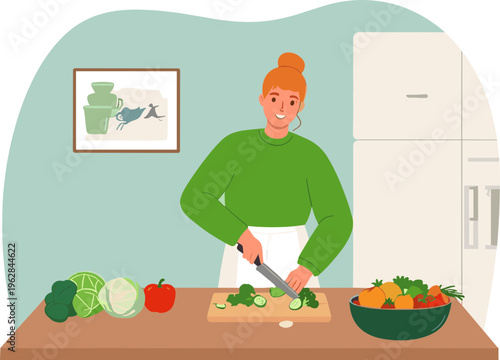 Woman preparing salad with fresh vegetables on kitchen counter indoors