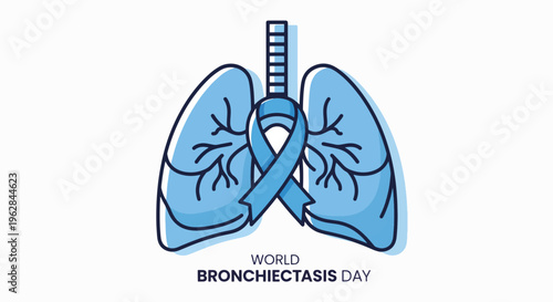 Illustration of lungs with a blue ribbon for World Bronchiectasis Day awareness on a white background.