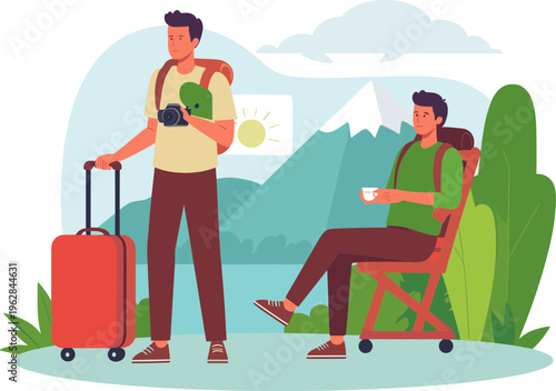 Two travelers relax and plan their journey in a scenic mountain landscape