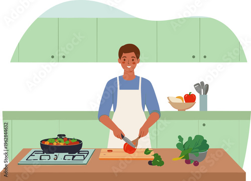 A man in an apron preparing a healthy meal with vegetables on the kitchen counter