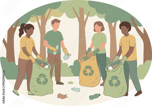 People collecting trash in bags in a forest clearing together