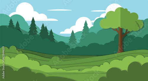 Flat landscape featuring a tree, forest and rolling hills under a blue sky