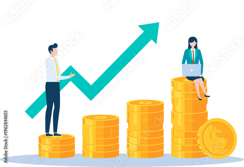 Businessman and woman on stacks of coins with growing graph