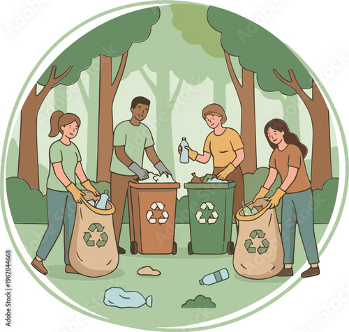 People collecting and sorting recyclables in a forest