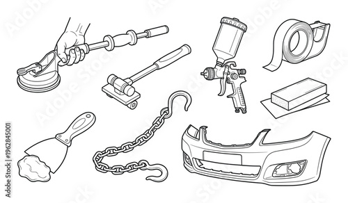 Set of car body repair tools isolated on transparency background vector illustration in outline style