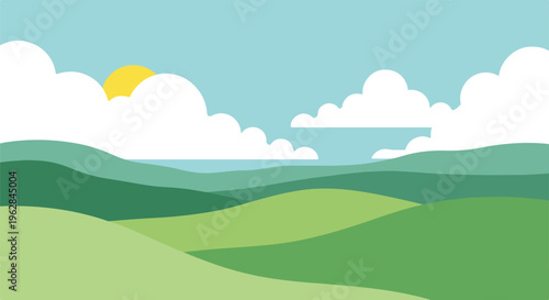 Flat landscape featuring hills, sky, sun, and clouds in simple shapes