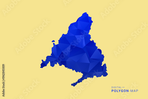 Madrid Map - Low poly polygon map in deep blue gradient on soft beige background, modern minimal geometric design, clean abstract vector illustration with faceted triangulated style.