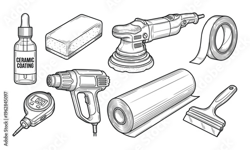 Set of car detailing and ceramic coating tools collection of line art symbols