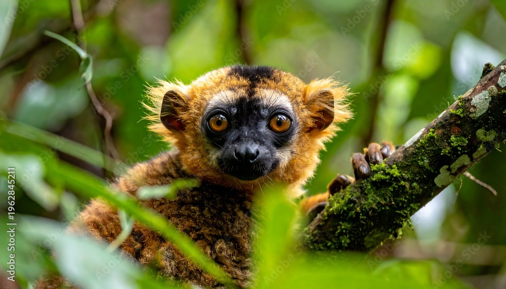 Fototapeta premium Close-up of a curious lemur peeking through lush green foliage in its natural habitat.