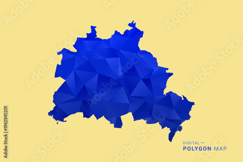 Berlin Map - Low poly polygon map in deep blue gradient on soft beige background, modern minimal geometric design, clean abstract vector illustration with faceted triangulated style.