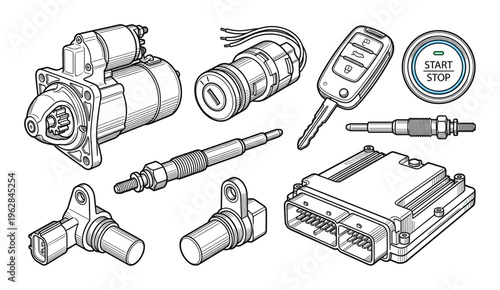 Set of car engine starting system parts isolated on transparency background vector illustration in outline style