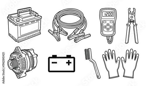 Set of car repair battery and electrical system parts, line art icons on transparent background
