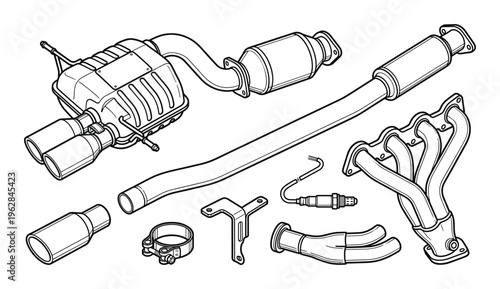 Set of car repair exhaust system parts, line art icons on transparent background