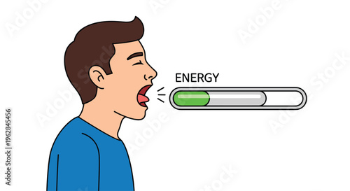 A man with brown hair wearing a blue shirt is shown in profile yawning with a horizontal green energy progress bar and text in front of his mouth.