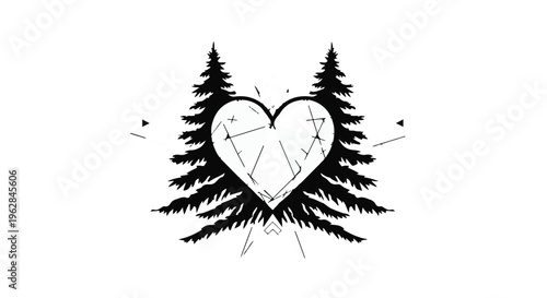 Monochromatic illustration of a fractured heart symbol between two stylized pine trees, conveying themes of love, nature, and resilience with a subtle emotional undertone.