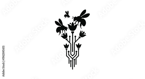 Black silhouette of bees hovering around stylized digital flowers, illustrating a fusion of nature and technology with a sense of organic growth and innovation.